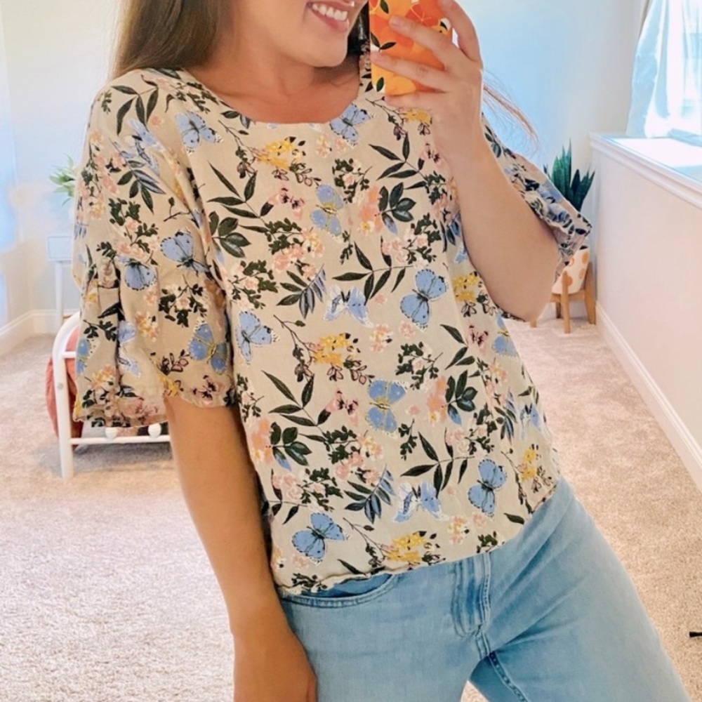Viola Borghi 100% Linen Blouse Oversized Top Butterfly/Floral Ruffle Sleeve Sz M